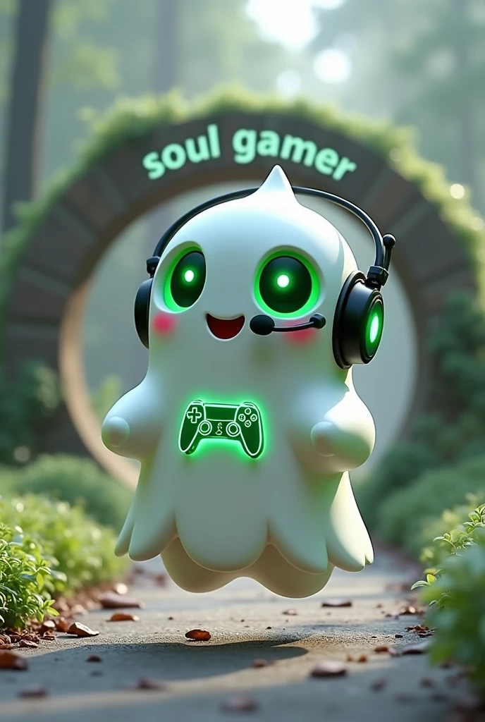 Create a Ghost-Looking Robot Pet. With slightly rounded shapes and well-defined limbs. His facial expression has large, green eyes with a glow, conveying a friendly and cheerful expression. He has a small open mouth with a happy smile and flushed cheeks.. Its body is white with small green details and a smooth, slightly shiny texture.. He has a headset on his head with an adjustable microphone positioned close to his mouth.. And on his chest you can see the illuminated shape of a Playstation 5 controller in fluorescent green.. It floats in the air, as if he were ready for an adventure. Behind the character you can see a portal and on it is written "Soul Gamer".