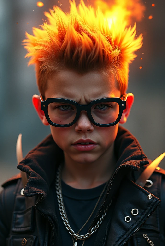 draw a boy wearing black glasses with an angry face, hair on fire, jacket with chains and knives