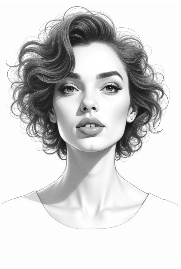 Pencil sketch a woman in her mid 30 with short curly hair 