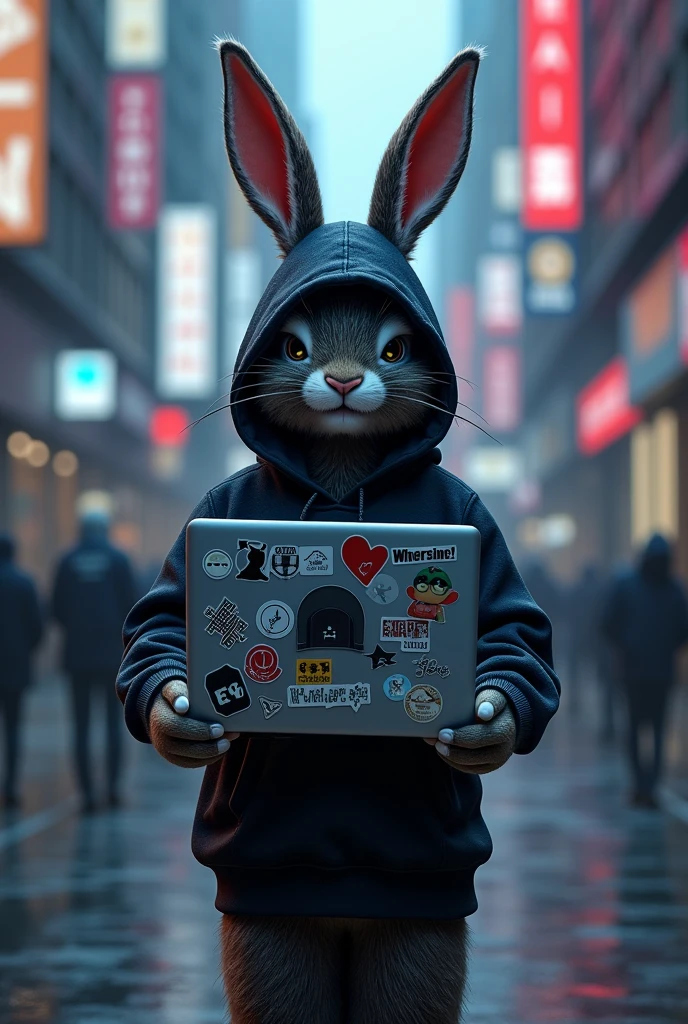 3D illusion image I need standing a bugs bunny rabbit with hoodie and caring in the hand laptop with laptop cover with stickers and look like hacker, hoodie color was black with mask.