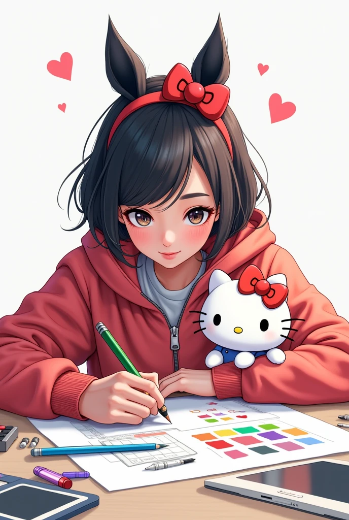 Image of a age girl studying graphic design with a hello kitty on a white background in astetik clothes