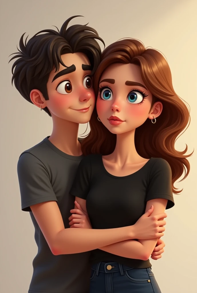 Sur la photo, une jeune femme et un jeune homme sont côte à côte. La jeune femme a des cheveux marrons et des yeux bleus et une peau métissé clair mais qd même un peu foncé, elle porte un haut noir avec une coupe simple. Son regard est déterminé, et son expression est légèrement fermée. À ses côtés, le jeune homme a des cheveux noirs et yeux marrons .Sur la photo, une jeune femme et un jeune homme sont proches l'un de l'autre. La jeune femme a des cheveux bruns et des yeux clairs, elle porte une tenue décontractée et montre une expression légèrement jalouse, avec ses bras croisés. À ses côtés, le jeune homme, aux cheveux noirs et aux yeux marrons et une peuau clair , est légèrement tourné vers elle, avec une attitude plus neutre et décontractée.Version pixar 2d