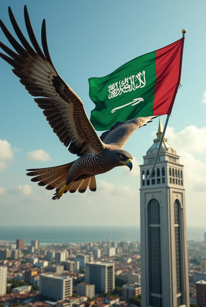 A falcon carrying the Saudi Arabian flag flying over the Lacerda elevator in Salvador