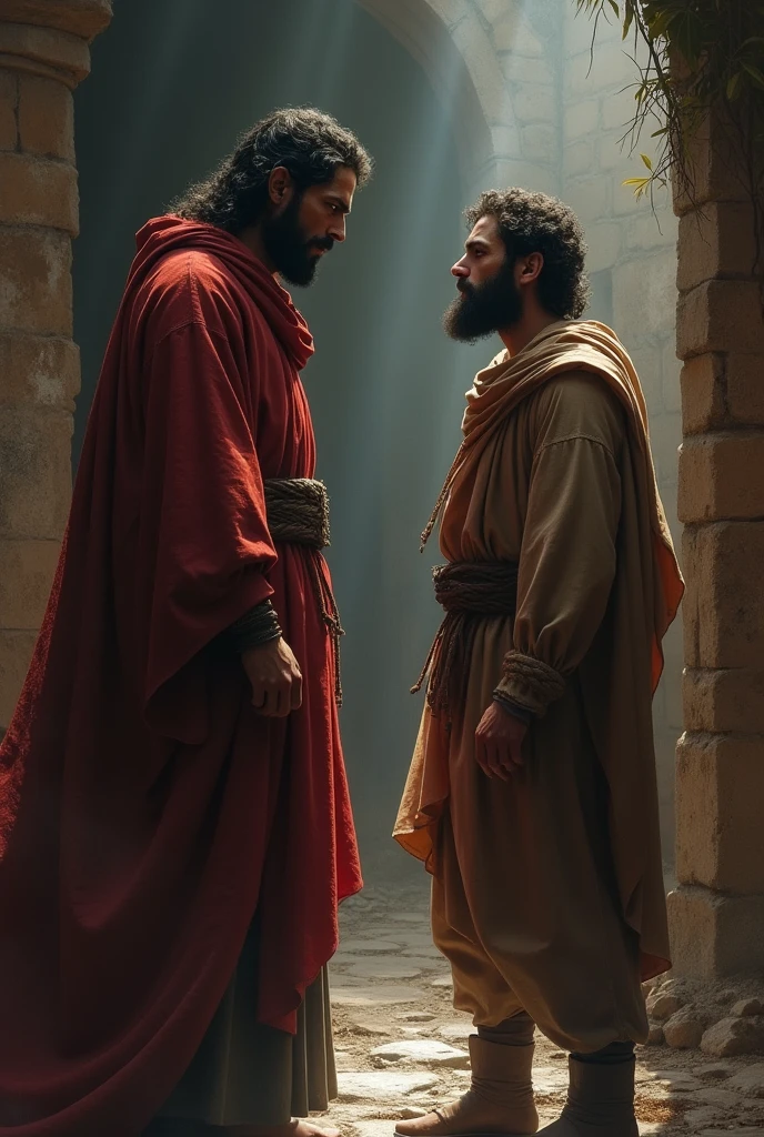 Create an image of Barabbas in front of a brave man
