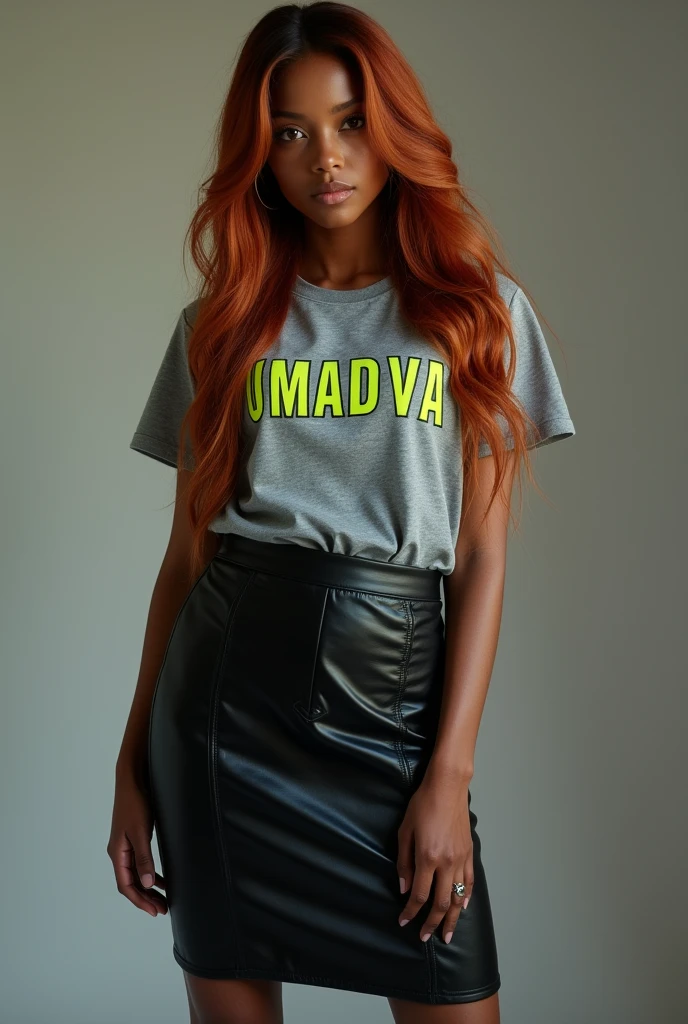 Make a picture of a brown woman , dark hair with copper highlights straight long , eyes browns ,wearing black leather mid skirt, gray t-shirt with neon green letters saying UMADVA on the front, high heel shoe close up 