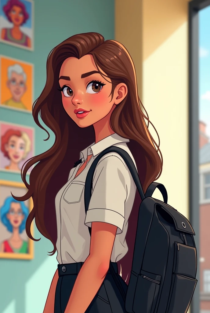 Make a 20 year old girl, low, Brown hair and black waterproof backpack at a job interview at a 2d animation cartoon creator company
