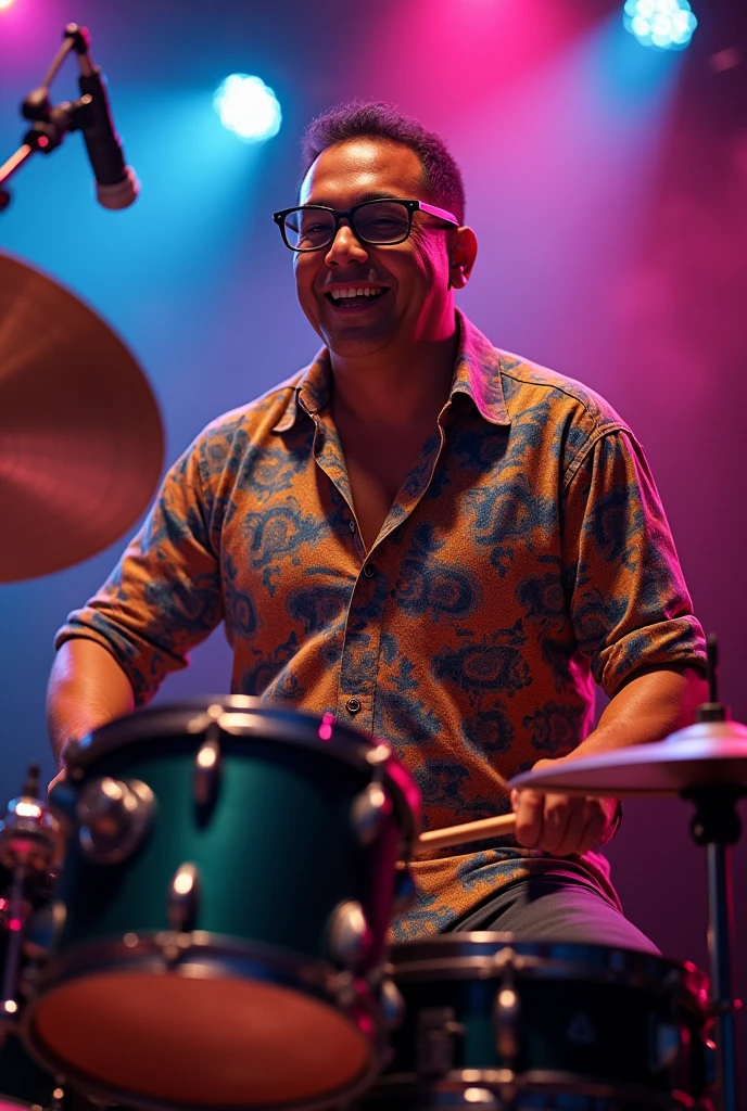 Tall and fat latín drummer gay with glases 