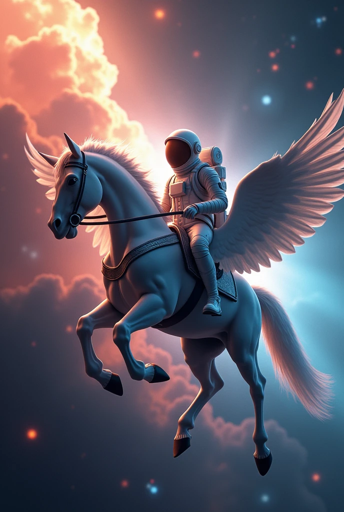 A human in space traveling in pegasus a horse with wings in background a nebula cluster