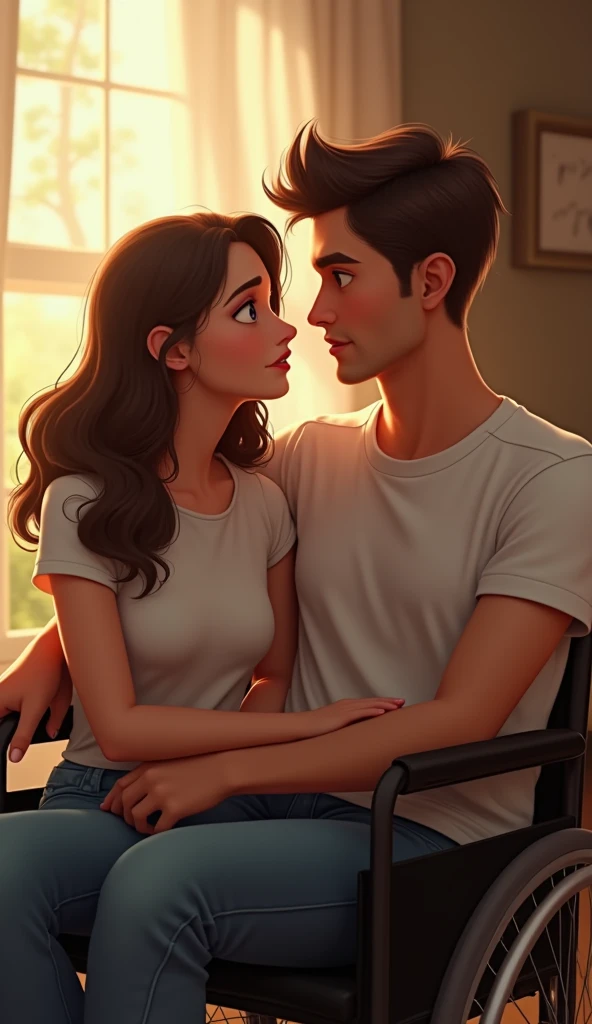 A sad georgous young woman with brown hair and white t-shirt and jeans setting on a wheelchair talking to her handsome boyfriend at home, pixar style, cinematic masterpiece aesthetic, realistic