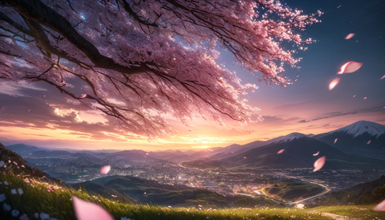 (very high res), (finedetail: 1.5), HD CG, hdr shot, (8K, RAW photo: 1.2, Best image quality: 1.4, Masterpiece: 1.2), (very high res), HD CG, (Real, Photorealistic: 1.4, Ultra HD: 1.2), High contrast, hdr, nighttime scene, (hilltop),Sakura blossoms,A huge cherry blossom tree,(((depth of fields))), Super long-distance viewing,Faraway view,Small people,The cherry blossoms in full bloom are lit up,Cool moonlight,Create magical light. ventania,sakura flowers falling, flower petals in the air,Kilometer-high mountain tops