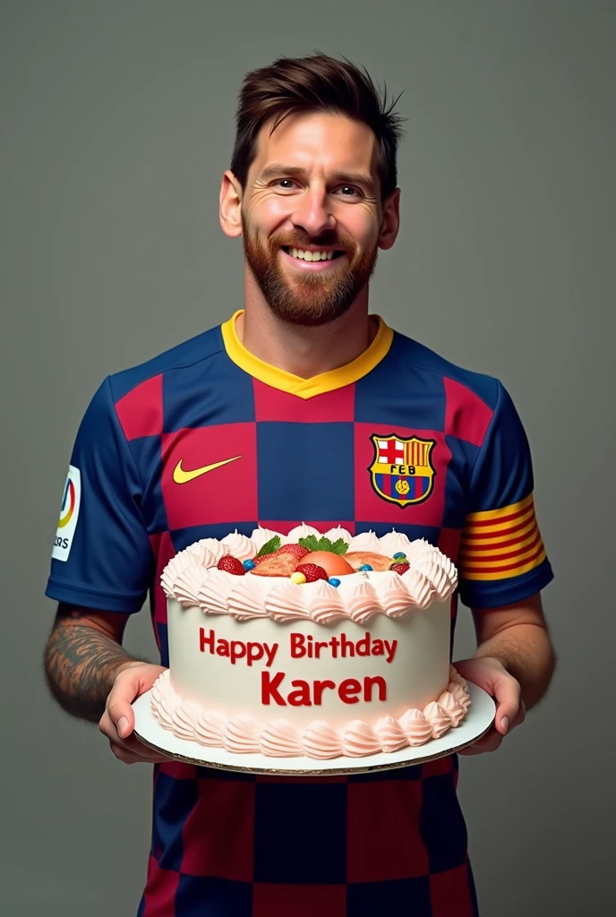 Messi with a birthday cake that says happy birthday Karen
