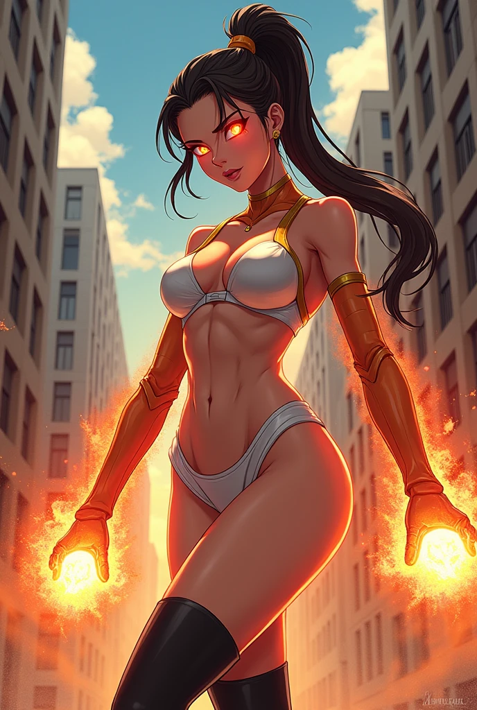 Anime style. Full body art of a Sultry and Beautiful young woman with a soul of pure evil and hatred. Supervillain tall woman with long brunette hair tied back into a ponytail, her eyes glow bright red with overwhelming powerful energy barely being contained by her will alone, she is wearing a skimpy costume with white and orange colors. Black ankle boots complete her look. The setting is a city street with a costumed hero attempting to capture her. She is shooting energy blasts from her eyes