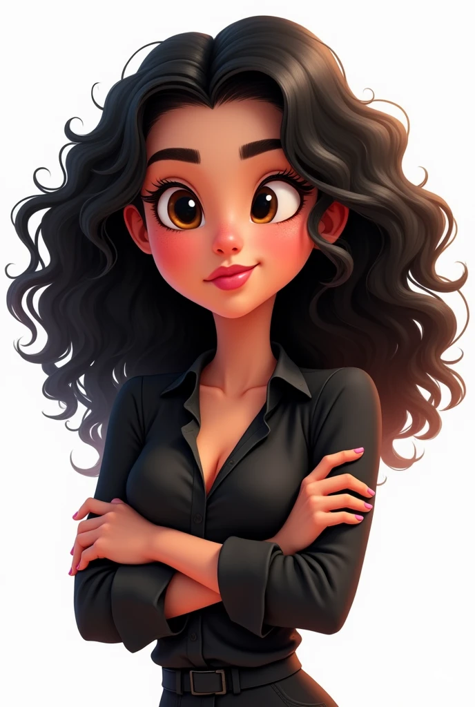 Cartoon girl branca, disney pixar style, Black curly hair, hair long black, hair covering the ear, black blouse, with arms crossed, plump pink lips white background