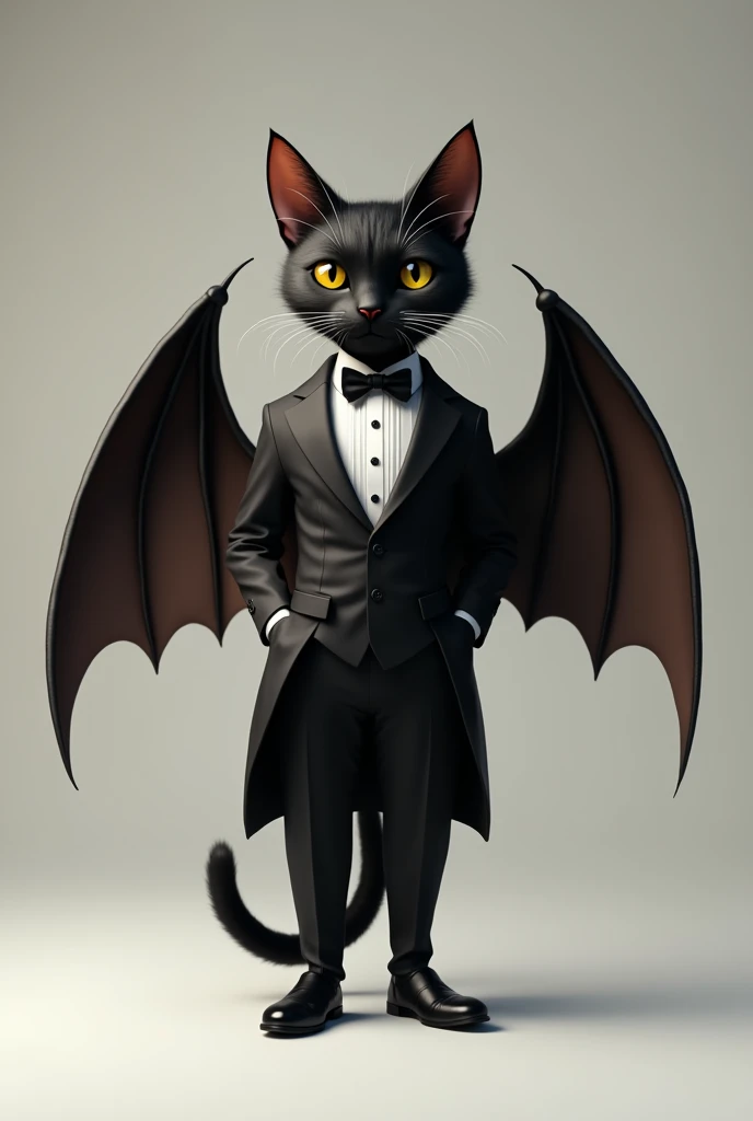 a black cat (furro) with tuxedo, suit and tie and bat wings. That he stands on 2 legs