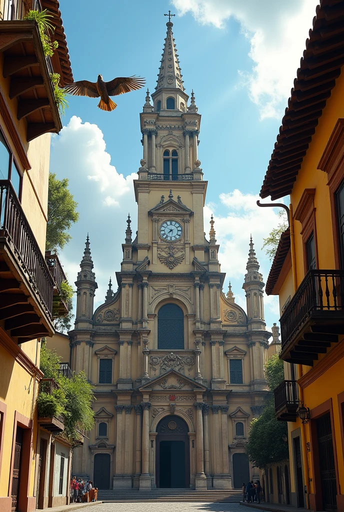 Arafed view of a large building with a clock tower, uma photo de Nándor Katona, flickr, quito school, cathedral!!!!!, Salvador city, cathedral, antiga cathedral atrás dela, view from the bottom, viewed from below, church cathedral, favela spaceship cathedral, Beautiful buildings, ruas de Salvador city, goshawks, the neat and dense buildings