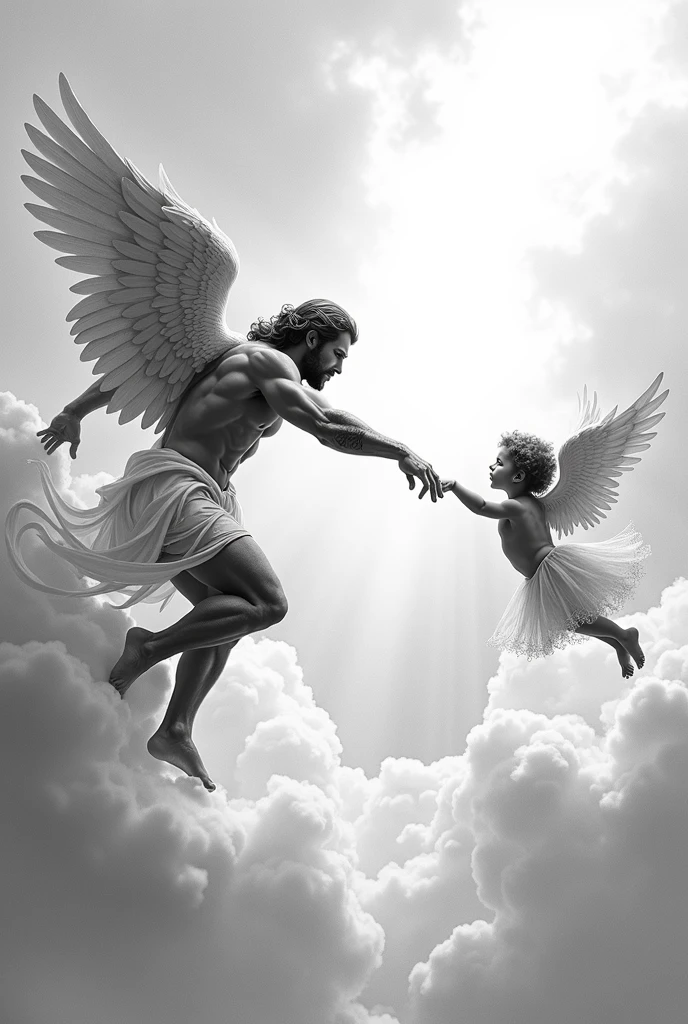 2 angels in the clouds reaching out to each other, muscular torso man and child angel, rays, monochrome photorealism tattoo, Black and White Sketch, Horizontal Image