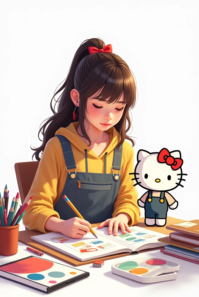 Image of a teenage girl studying graphic design with a Hello Kitty on a white background in decent clothes 