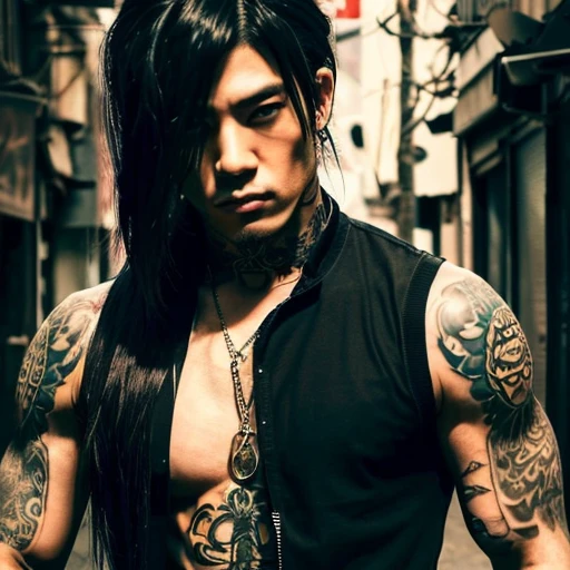1 man, Japanese man, male, Asian eyes, muscular, broad shoulders, yakuza tattoos, hairstyle Visual Kei style, hair Visual Kei, black men's shirt and black pants, ultra detailed face, hyperrealistic, realistic representation, long hair, long hair, 30 years old, age 30 years, blonde hair