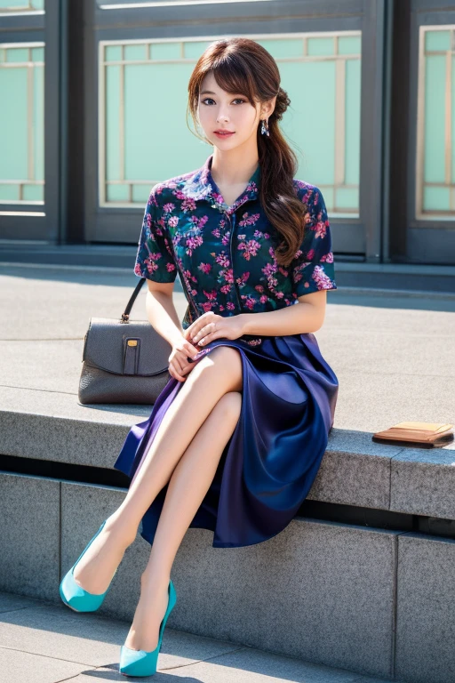 colorful shirt with collar、(long skirt with floral pattern:1.2)、(silk pantyhose)、(She is sitting, showing off her beautiful legs and high heels)、1 girl、(Delicate face、Detailed eyes and face、double eyelid、Glossy lips)、Moisturized skin、Highly detailed face and skin texture、Two well-balanced legs、((Highest quality、Ultra-high resolution、masterpiece、8k))、((Perfect Anatomy、Anatomically correct))、(Full Body Portrait)、Modern architecture at night on the background、Professional Lighting