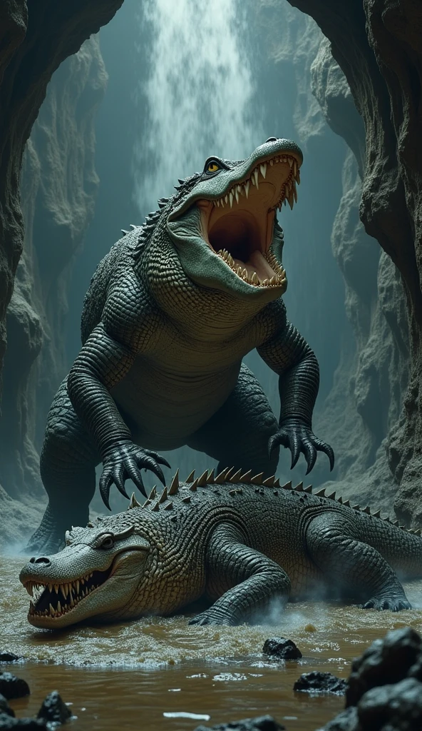((((A very obese emerald-colored crocodile, Crocodile facing backwards, Emerald scales, ass up, A lot of poop, Backward composition, feral, on all fours, tail up, anal excessive poop projectile)))), Wild ferocious crocodile, Spiky scales all over the body, A glittering silver mane, Very short legs, Screaming facial expression, Roaring crocodile face, Backward body, Reptile Eyes, Longitudinal pupils, A body covered with a lot of fat, Abnormally obese head, A lot of fat on the neck, A belly so obese it covers the ground, Fat gap, Abdomen swollen enough to touch the ground, A huge, mountain-like swollen abdomen, Abnormally fat arms, Overweight and flabby legs, A body that seems to be crushed by a huge abdomen, A body that fills the screen, Rubble background, All fours pose, Wet scales all over the body, Soaking wet, ((((feral, three-quarter rear view))))