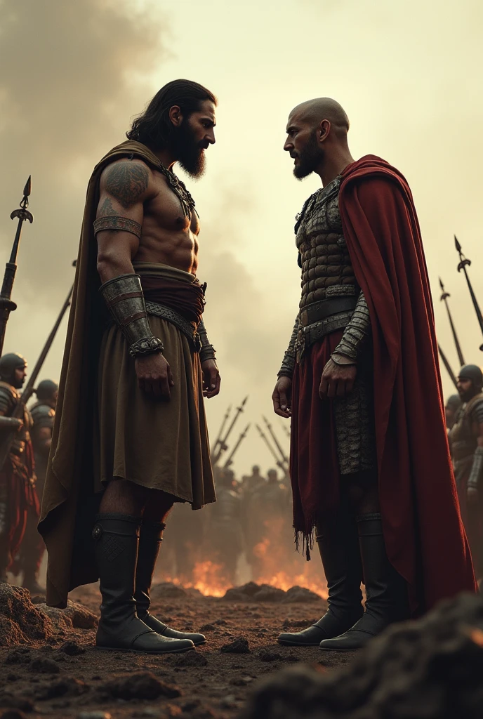 Create an image of Barabbas in front of a brave man on a battlefield
