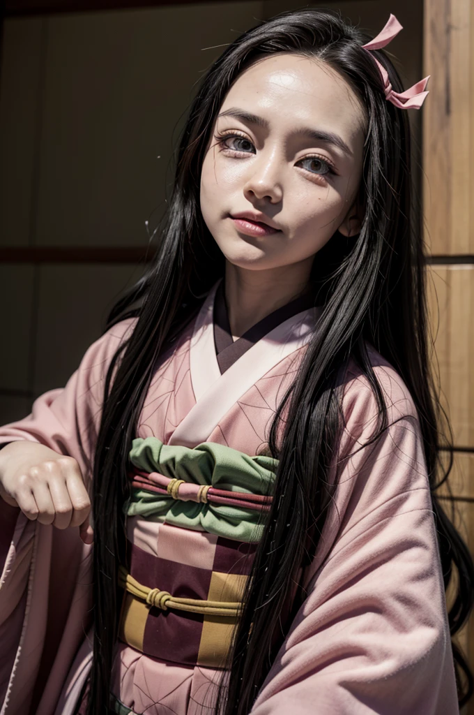 cheered up,Nezuko Kamado,Demon Hunter Series,cheered up series , four broad heads,pink pupils,Pink kimono with green and black belt, long black hair