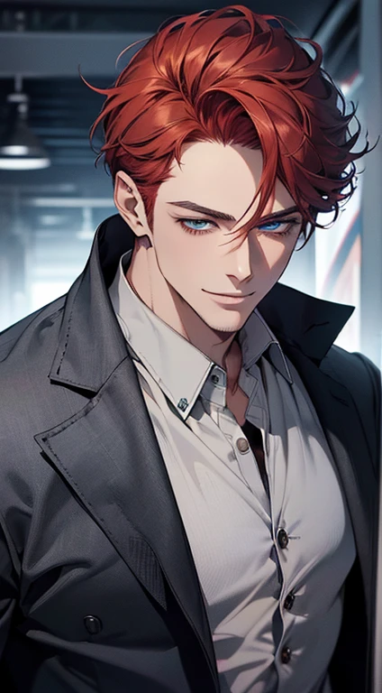 (best quality,8k,photorealistic,cinematic lighting,1:4 hdr image,top view,ultra detailed,masterpiece,beautiful image),(mature man),(very handsome),(short grey red hair),(grey blue eyes),(perfect face without errors),(buttoning his jacket,CEO),(smile in love)