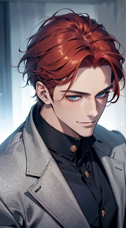 (best quality,8k,photorealistic,cinematic lighting,1:4 hdr image,top view,ultra detailed,masterpiece,beautiful image),(mature man),(very handsome),(short grey red hair),(grey blue eyes),(perfect face without errors),(buttoning his jacket,CEO),(smile in love)