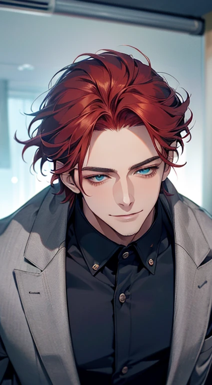 (best quality,8k,photorealistic,cinematic lighting,1:4 hdr image,top view,ultra detailed,masterpiece,beautiful image),(mature man),(very handsome),(short grey red hair),(grey blue eyes),(perfect face without errors),(buttoning his jacket,CEO),(smile in love)