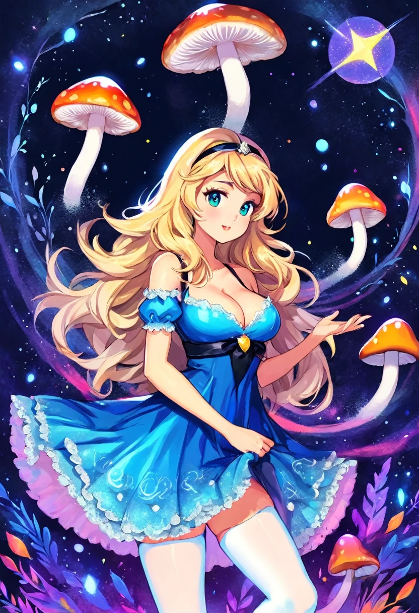 a beautiful 20 year old blonde Kate Upton with big messy hair in a blue dress, white stockings, black headband, cleavage, holding a glowing mushroom, fantasy art style, cartoon vibrant, cute detailed digital art, colorful digital fantasy art, digital fantasy art ), glossy digital painting, pastel vibrant,