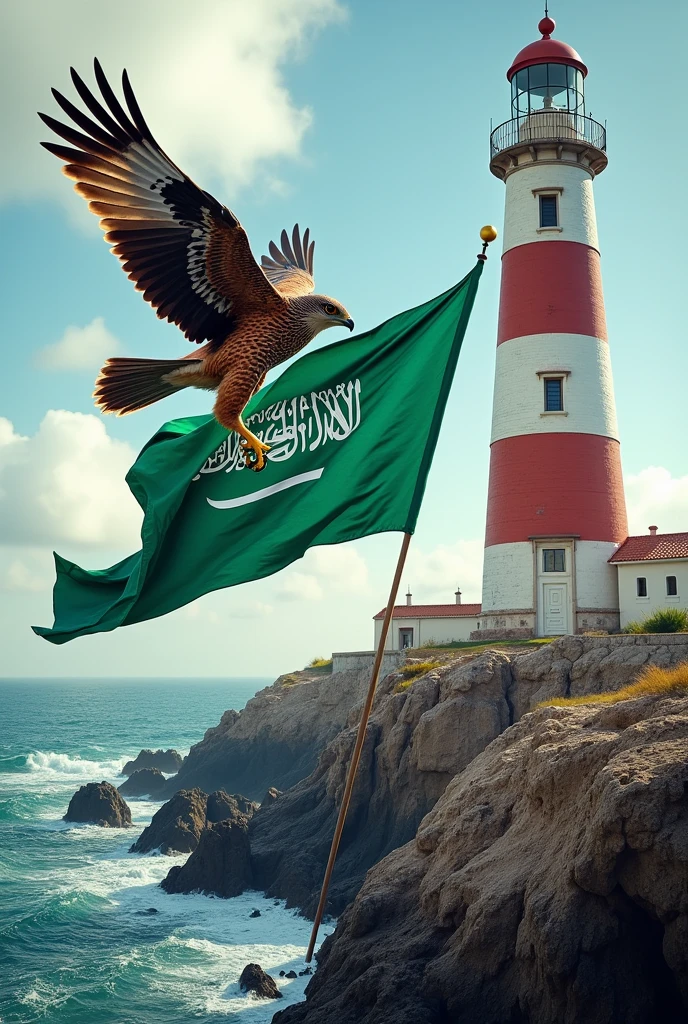 A falcon carrying the Saudi Arabian flag flying over the Barra Lighthouse