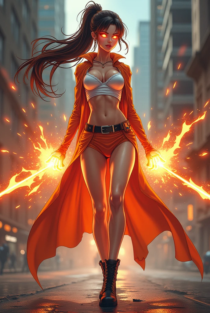 Anime style. Full body art of a Sultry and Beautiful young woman with a soul of pure evil and hatred. Supervillain tall woman with long brunette hair tied back into a ponytail, her eyes glow bright red with overwhelming powerful energy barely being contained by her will alone, she is wearing a skimpy costume with white and orange colors. Black ankle boots complete her look. The setting is a city street with a costumed hero attempting to capture her. She is shooting energy blasts from her eyes