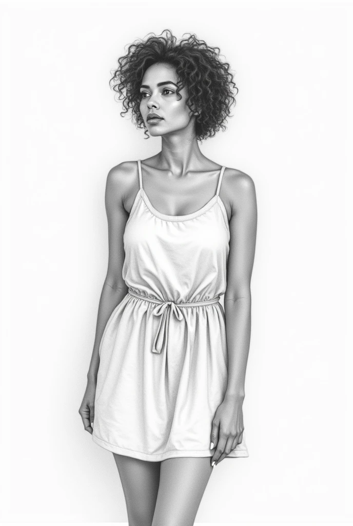 Pencil sketch black a woman with brown skin tone in her mid 30 with short curly hair in short cosert dress
