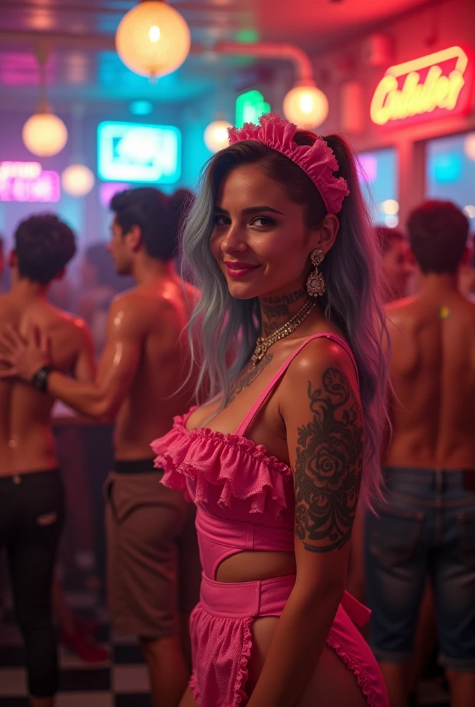 photo from a Canon EOS R5 F2 ISO400 DSLR capturing a lively scene in a retro restaurant of a dog-faced DJ and fat Alexandra Daddario as a grunge waitress with piercings and tattoos. Her hourglass figure is accentuated by a skintight pink uniform with a ruffled and lace apron. In this special evening where alcohol flows freely, the live atmosphere is electric. Joy and happiness can be seen on the faces of the girls on the dance floor. It's very hot and the party-goers are dripping with sweat.