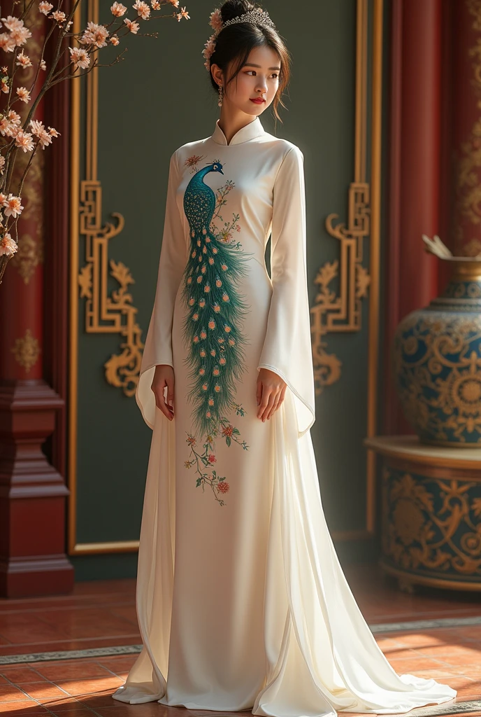 the girl in the Ao Dai is sewn from thin silk or cotton fabric, has a long and body-hugging white style that is very detailed, the peacock pattern in front of the shirt is very detailed, the girl stands in a very splendid space with many details