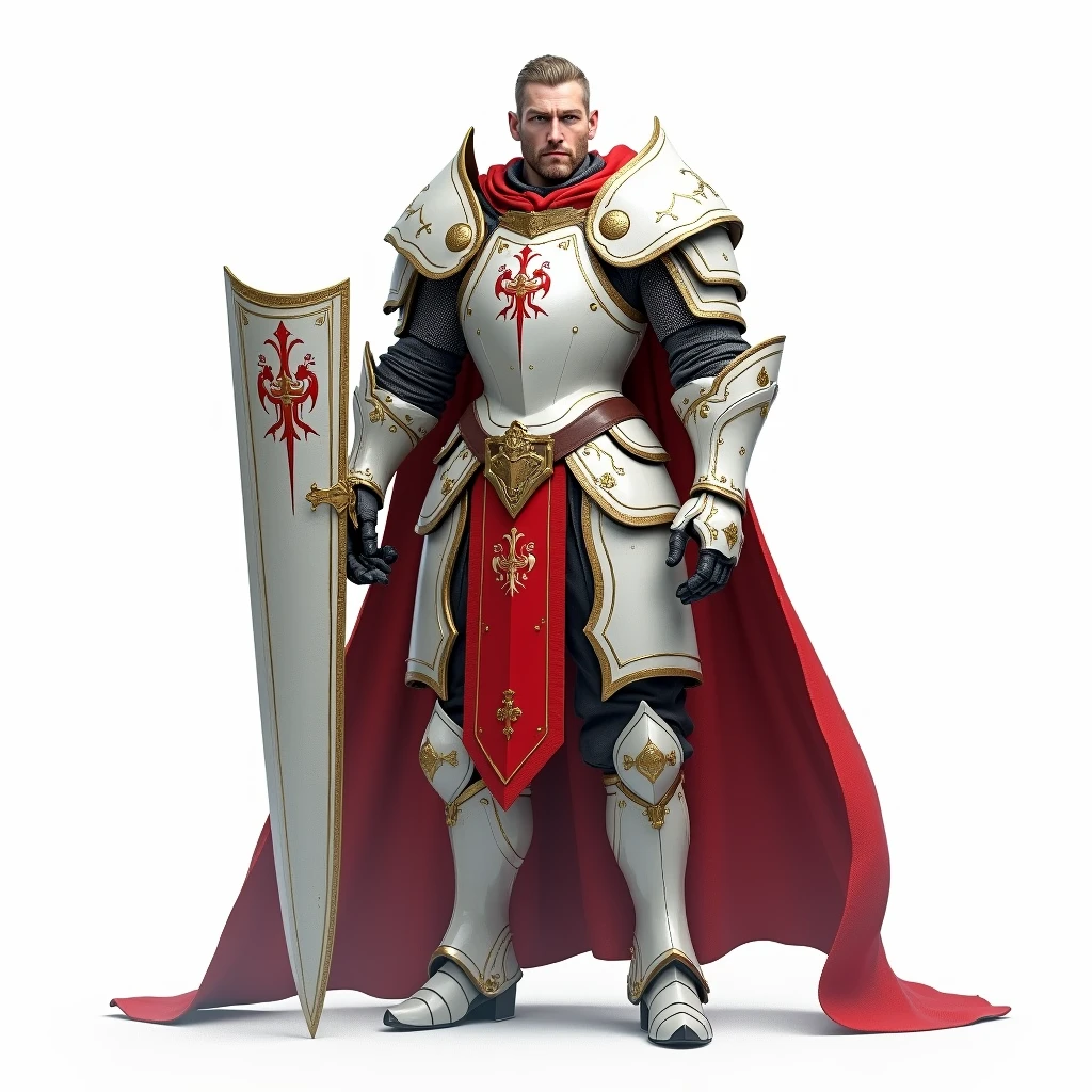 a paladin with armor with red details, white background, realistic