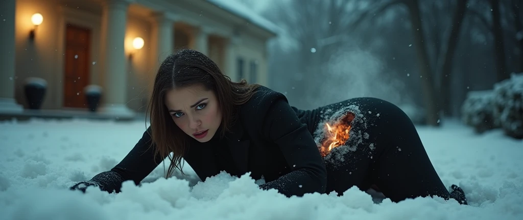 Her clothes are extremely tight , She is covered by a Big mountain of snow , She is in profile and her head and body are perfectly proportioned. , A stunning high-definition cinematic image of a Chloé Moretz-esque girl, dressed in a tight, black robber suit, in the courtyard of a grand country house at night. She is on all fours, buried in snow, with only her head and her curvaceous butt visible. a large hole with charred edges in her pants exposes her buttocks, and smoke billows from the affected area. Her eyes widen in astonishment and pain, her mouth forming a perfect "O" in a classic slapstick comedy scene. The background is shrouded in darkness, with snow falling gently and highlighting the girl's striking features and her stunning, voluptuous figure., cinematic