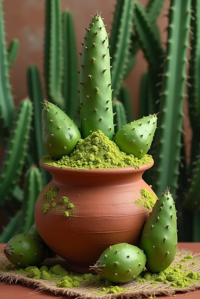 Make an image of a very long and tall clay pot with green flour made from Mexican nopal and with whole nopales in the bowl and that others lean on it