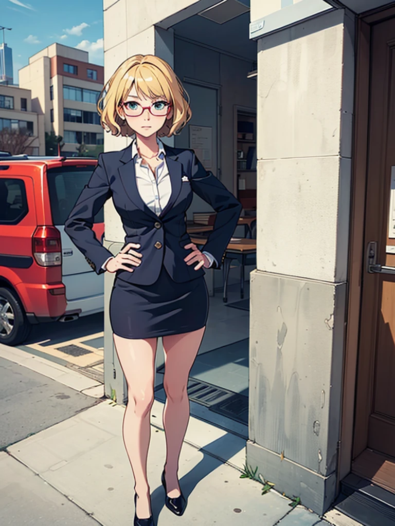 1girl, medium breasts, suit, skirt, pencil skirt, bare legs, glasses, shoes, city backdrop, solo, single, hands on hip, standing, full body shot, cowboy shot, beautiful detailed eyes, blonde hair, short hair, wavy hair, high school backdrop, outdoors, mature lady, teacher