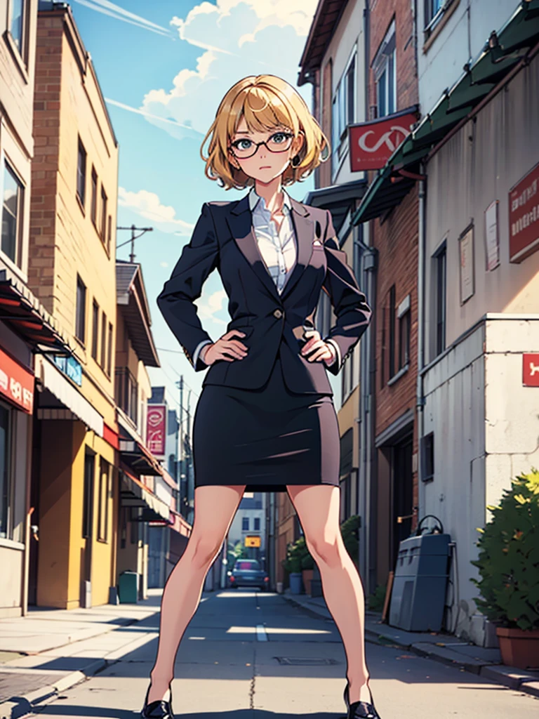 1girl, medium breasts, suit, skirt, pencil skirt, bare legs, glasses, shoes, city backdrop, solo, single, hands on hip, standing, full body shot, cowboy shot, beautiful detailed eyes, blonde hair, short hair, wavy hair, high school backdrop, outdoors, mature lady, teacher