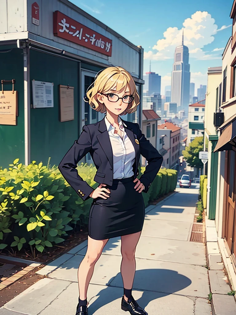 1girl, medium breasts, suit, skirt, pencil skirt, bare legs, glasses, shoes, city backdrop, solo, single, hands on hip, standing, full body shot, cowboy shot, beautiful detailed eyes, blonde hair, short hair, wavy hair, high school backdrop, outdoors, mature lady, teacher