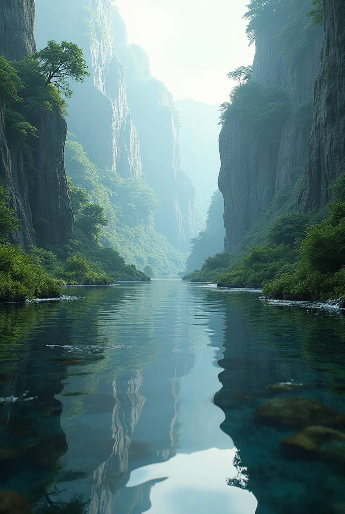 The dense vegetation began to open up, revealing a wide and mysterious valley. The floor was mirrored, reflecting everything around in distorted and distant images.