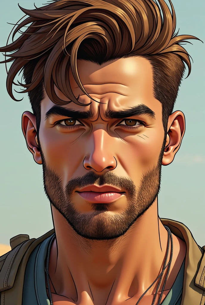 Create a hyper-realistic illustration of a young man, skin tanned, jaw and marked features, eyes browns, AND MEDIUM LONG HAIR, well combed back and coppery brown color