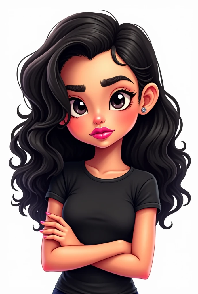 Cartoon girl, Black curly hair, hair long black, hair covering the ear, black blouse, with arms crossed, plump pink lips white background
