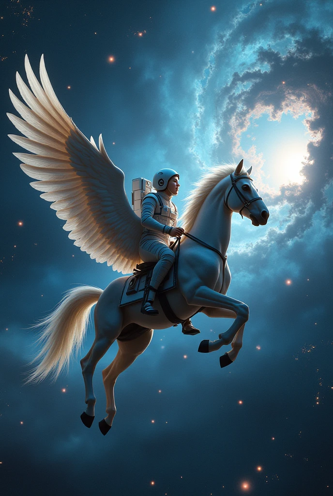 A human in space traveling in pegasus a horse with wings in background a giant galaxy 