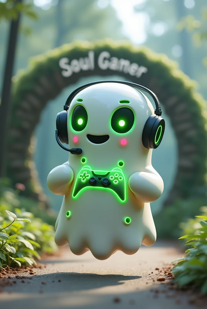 Create a Ghost-Looking Robot Pet. With slightly rounded shapes and well-defined limbs. His facial expression has large, green eyes with a glow, conveying a friendly and cheerful expression. He has a small open mouth with a happy smile and flushed cheeks.. Its body is white with small green details and a smooth, slightly shiny texture.. He has a headset on his head with an adjustable microphone positioned close to his mouth.. And on his chest you can see the illuminated shape of a Playstation 5 controller in fluorescent green.. It floats in the air, as if he were ready for an adventure. Behind the character you can see a portal and on it is written "Soul Gamer".