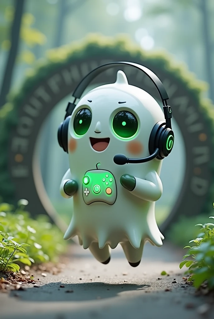 Create a Ghost-Looking Robot Pet. With slightly rounded shapes and well-defined limbs. His facial expression has large, green eyes with a glow, conveying a friendly and cheerful expression. He has a small open mouth with a happy smile and flushed cheeks.. Its body is white with small green details and a smooth, slightly shiny texture.. He has a headset on his head with an adjustable microphone positioned close to his mouth.. And on his chest you can see the illuminated shape of a Playstation 5 controller in fluorescent green.. It floats in the air, as if he were ready for an adventure. Behind the character you can see a portal and on it is written "Soul Gamer".