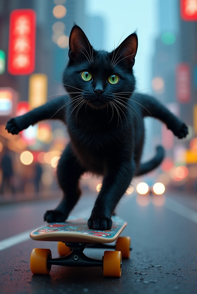 Black cat with four legs on skateboard