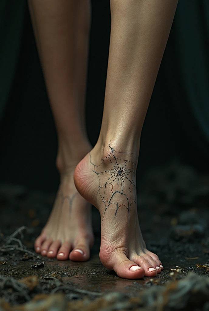beautiful female feet, photorealistic, ultra-detailed skin texture, intense atmospheric lighting, dramatic shadows, cinematic composition, vibrant colors, masterpiece, (best quality,8k,highres,masterpiece:1.2),ultra-detailed,intricate web pattern, dynamic heroic pose,dramatic lighting,cinematic composition