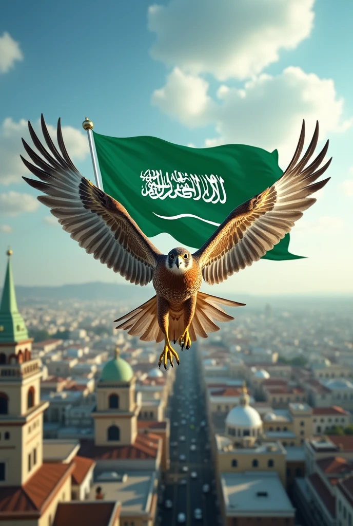 A falcon carrying the Saudi Arabian flag flying over Salvador 
